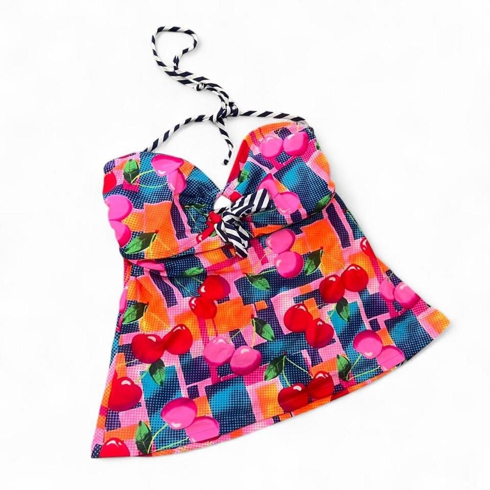 Y2K Joe Boxer Cherry Print Key Hole Halter Tankini Top D6